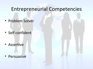 e

    Entrepreneurial Competencies
s
b


• Problem Solver

• Self confident

• Assertive

• Persuasive
 