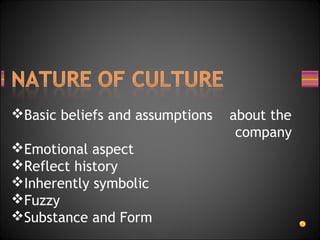 Basic beliefs and assumptions about the
company
Emotional aspect
Reflect history
Inherently symbolic
Fuzzy
Substance and Form
 