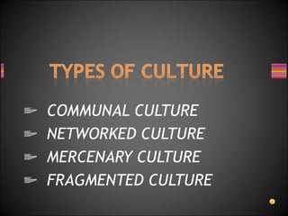 COMMUNAL CULTURE
NETWORKED CULTURE
MERCENARY CULTURE
FRAGMENTED CULTURE
 