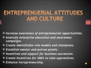  Increase awareness of entrepreneurial opportunities.
 Intensify enterprise education and awareness
campaigns.
 Create identifiable role models and champions.
 Establish mentor and patron panels.
 Incentives and support for business succession.
 Create incentives for SMEs to take apprentices.
 Enhance intrapreneurship.
 