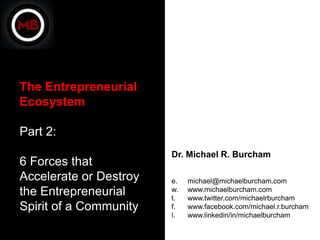 The Entrepreneurial
Ecosystem

Part 2:
                        Dr. Michael R. Burcham
6 Forces that
Accelerate or Destroy   e.   michael@michaelburcham.com
the Entrepreneurial     w.
                        t.
                             www.michaelburcham.com
                             www.twitter.com/michaelrburcham
Spirit of a Community   f.   www.facebook.com/michael.r.burcham
                        l.   www.linkedin/in/michaelburcham
 