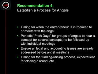 Recommendation 4:
Establish a Process for Angels



• Timing for when the entrepreneur is introduced to
  or meets with the angel
• Periodic “Pitch Days” for groups of angels to hear a
  concept (or several concepts) to be followed up
  with individual meetings
• Ensure all legal and accounting issues are already
  addressed before angel meetings
• Timing for the funding-raising process, expectations
  for closing a round, etc.
 