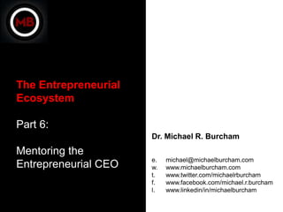 The Entrepreneurial
Ecosystem

Part 6:
                      Dr. Michael R. Burcham
Mentoring the
                      e.   michael@michaelburcham.com
Entrepreneurial CEO   w.   www.michaelburcham.com
                      t.   www.twitter.com/michaelrburcham
                      f.   www.facebook.com/michael.r.burcham
                      l.   www.linkedin/in/michaelburcham
 
