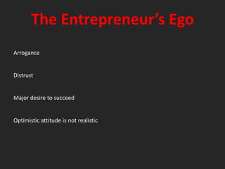 The Entrepreneur’s EgoArroganceDistrustMajor desire to succeedOptimistic attitude is not realistic