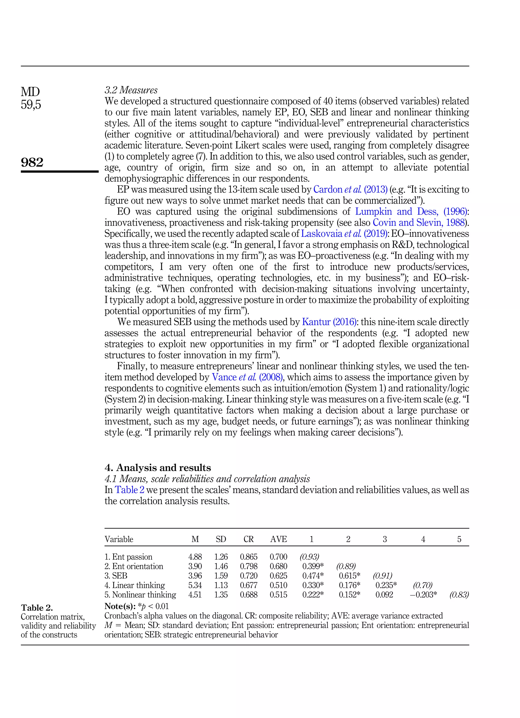 3.2 Measures
We developed a structured questionnaire composed of 40 items (observed variables) related
to our five main latent variables, namely EP, EO, SEB and linear and nonlinear thinking
styles. All of the items sought to capture “individual-level” entrepreneurial characteristics
(either cognitive or attitudinal/behavioral) and were previously validated by pertinent
academic literature. Seven-point Likert scales were used, ranging from completely disagree
(1) to completely agree (7). In addition to this, we also used control variables, such as gender,
age, country of origin, firm size and so on, in an attempt to alleviate potential
demophysiographic differences in our respondents.
EP was measured using the 13-item scale used by Cardon et al. (2013) (e.g. “It is exciting to
figure out new ways to solve unmet market needs that can be commercialized”).
EO was captured using the original subdimensions of Lumpkin and Dess, (1996):
innovativeness, proactiveness and risk-taking propensity (see also Covin and Slevin, 1988).
Specifically, we used the recently adapted scale of Laskovaia et al. (2019): EO–innovativeness
was thus a three-item scale (e.g. “In general, I favor a strong emphasis on RD, technological
leadership, and innovations in my firm”); as was EO–proactiveness (e.g. “In dealing with my
competitors, I am very often one of the first to introduce new products/services,
administrative techniques, operating technologies, etc. in my business”); and EO–risk-
taking (e.g. “When confronted with decision-making situations involving uncertainty,
I typically adopt a bold, aggressive posture in order to maximize the probability of exploiting
potential opportunities of my firm”).
We measured SEB using the methods used by Kantur (2016): this nine-item scale directly
assesses the actual entrepreneurial behavior of the respondents (e.g. “I adopted new
strategies to exploit new opportunities in my firm” or “I adopted flexible organizational
structures to foster innovation in my firm”).
Finally, to measure entrepreneurs’ linear and nonlinear thinking styles, we used the ten-
item method developed by Vance et al. (2008), which aims to assess the importance given by
respondents to cognitive elements such as intuition/emotion (System 1) and rationality/logic
(System 2) in decision-making. Linear thinking style was measures on a five-item scale (e.g. “I
primarily weigh quantitative factors when making a decision about a large purchase or
investment, such as my age, budget needs, or future earnings”); as was nonlinear thinking
style (e.g. “I primarily rely on my feelings when making career decisions”).
4. Analysis and results
4.1 Means, scale reliabilities and correlation analysis
In Table 2 we present the scales’ means, standard deviation and reliabilities values, as well as
the correlation analysis results.
Variable M SD CR AVE 1 2 3 4 5
1. Ent passion 4.88 1.26 0.865 0.700 (0.93)
2. Ent orientation 3.90 1.46 0.798 0.680 0.399* (0.89)
3. SEB 3.96 1.59 0.720 0.625 0.474* 0.615* (0.91)
4. Linear thinking 5.34 1.13 0.677 0.510 0.330* 0.176* 0.235* (0.70)
5. Nonlinear thinking 4.51 1.35 0.688 0.515 0.222* 0.152* 0.092 0.203* (0.83)
Note(s): *p  0.01
Cronbach’s alpha values on the diagonal. CR: composite reliability; AVE: average variance extracted
M 5 Mean; SD: standard deviation; Ent passion: entrepreneurial passion; Ent orientation: entrepreneurial
orientation; SEB: strategic entrepreneurial behavior
Table 2.
Correlation matrix,
validity and reliability
of the constructs
MD
59,5
982
 