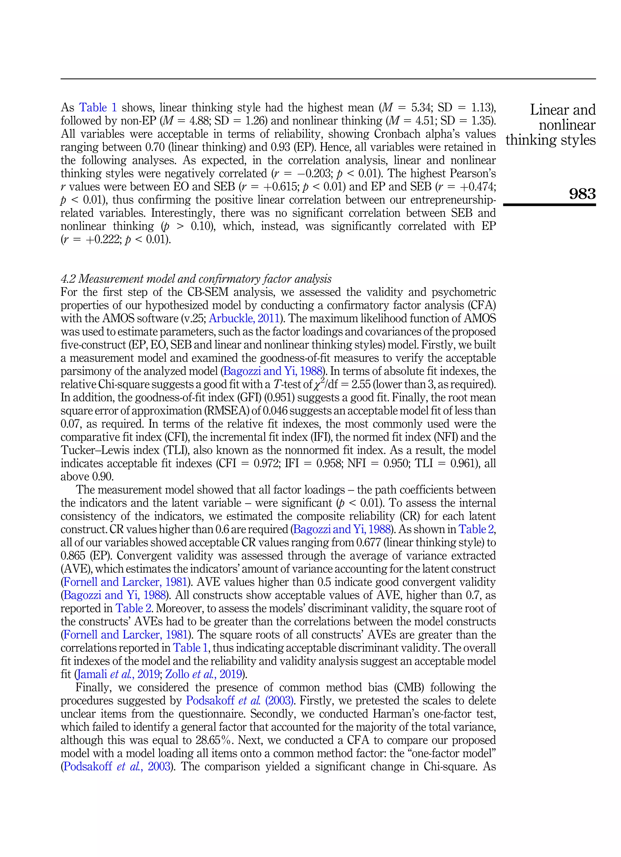As Table 1 shows, linear thinking style had the highest mean (M 5 5.34; SD 5 1.13),
followed by non-EP (M 5 4.88; SD 5 1.26) and nonlinear thinking (M 5 4.51; SD 5 1.35).
All variables were acceptable in terms of reliability, showing Cronbach alpha’s values
ranging between 0.70 (linear thinking) and 0.93 (EP). Hence, all variables were retained in
the following analyses. As expected, in the correlation analysis, linear and nonlinear
thinking styles were negatively correlated (r 5 0.203; p  0.01). The highest Pearson’s
r values were between EO and SEB (r 5 þ0.615; p  0.01) and EP and SEB (r 5 þ0.474;
p  0.01), thus confirming the positive linear correlation between our entrepreneurship-
related variables. Interestingly, there was no significant correlation between SEB and
nonlinear thinking (p  0.10), which, instead, was significantly correlated with EP
(r 5 þ0.222; p  0.01).
4.2 Measurement model and confirmatory factor analysis
For the first step of the CB-SEM analysis, we assessed the validity and psychometric
properties of our hypothesized model by conducting a confirmatory factor analysis (CFA)
with the AMOS software (v.25; Arbuckle, 2011). The maximum likelihood function of AMOS
was used to estimate parameters, such as the factor loadings and covariances of the proposed
five-construct (EP, EO, SEB and linear and nonlinear thinking styles) model. Firstly, we built
a measurement model and examined the goodness-of-fit measures to verify the acceptable
parsimony of the analyzed model (Bagozzi and Yi, 1988). In terms of absolute fit indexes, the
relative Chi-square suggests a good fit with a T-test of χ2
/df 5 2.55 (lower than 3, as required).
In addition, the goodness-of-fit index (GFI) (0.951) suggests a good fit. Finally, the root mean
square error of approximation (RMSEA) of 0.046 suggests an acceptable model fit of less than
0.07, as required. In terms of the relative fit indexes, the most commonly used were the
comparative fit index (CFI), the incremental fit index (IFI), the normed fit index (NFI) and the
Tucker–Lewis index (TLI), also known as the nonnormed fit index. As a result, the model
indicates acceptable fit indexes (CFI 5 0.972; IFI 5 0.958; NFI 5 0.950; TLI 5 0.961), all
above 0.90.
The measurement model showed that all factor loadings – the path coefficients between
the indicators and the latent variable – were significant (p  0.01). To assess the internal
consistency of the indicators, we estimated the composite reliability (CR) for each latent
construct. CR values higher than 0.6 are required (Bagozzi and Yi, 1988). As shown in Table 2,
all of our variables showed acceptable CR values ranging from 0.677 (linear thinking style) to
0.865 (EP). Convergent validity was assessed through the average of variance extracted
(AVE), which estimates the indicators’ amount of variance accounting for the latent construct
(Fornell and Larcker, 1981). AVE values higher than 0.5 indicate good convergent validity
(Bagozzi and Yi, 1988). All constructs show acceptable values of AVE, higher than 0.7, as
reported in Table 2. Moreover, to assess the models’ discriminant validity, the square root of
the constructs’ AVEs had to be greater than the correlations between the model constructs
(Fornell and Larcker, 1981). The square roots of all constructs’ AVEs are greater than the
correlations reported in Table 1, thus indicating acceptable discriminant validity. The overall
fit indexes of the model and the reliability and validity analysis suggest an acceptable model
fit (Jamali et al., 2019; Zollo et al., 2019).
Finally, we considered the presence of common method bias (CMB) following the
procedures suggested by Podsakoff et al. (2003). Firstly, we pretested the scales to delete
unclear items from the questionnaire. Secondly, we conducted Harman’s one-factor test,
which failed to identify a general factor that accounted for the majority of the total variance,
although this was equal to 28.65%. Next, we conducted a CFA to compare our proposed
model with a model loading all items onto a common method factor: the “one-factor model”
(Podsakoff et al., 2003). The comparison yielded a significant change in Chi-square. As
Linear and
nonlinear
thinking styles
983
 