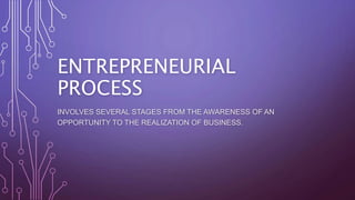 ENTREPRENEURIAL
PROCESS
INVOLVES SEVERAL STAGES FROM THE AWARENESS OF AN
OPPORTUNITY TO THE REALIZATION OF BUSINESS.
 