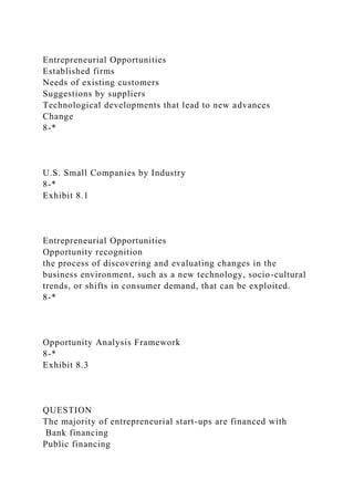 Entrepreneurial Opportunities
Established firms
Needs of existing customers
Suggestions by suppliers
Technological developments that lead to new advances
Change
8-*
U.S. Small Companies by Industry
8-*
Exhibit 8.1
Entrepreneurial Opportunities
Opportunity recognition
the process of discovering and evaluating changes in the
business environment, such as a new technology, socio-cultural
trends, or shifts in consumer demand, that can be exploited.
8-*
Opportunity Analysis Framework
8-*
Exhibit 8.3
QUESTION
The majority of entrepreneurial start-ups are financed with
Bank financing
Public financing
 