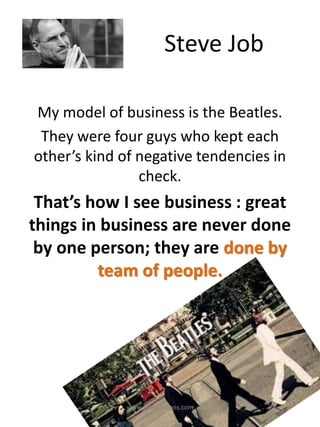 Steve Job
My model of business is the Beatles.
They were four guys who kept each
other’s kind of negative tendencies in
check.
That’s how I see business : great
things in business are never done
by one person; they are done by
team of people.
www.asl-solutions.com
 