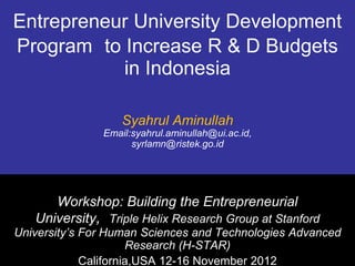 Entrepreneur University Development
Program to Increase R & D Budgets
           in Indonesia

                   Syahrul Aminullah
               Email:syahrul.aminullah@ui.ac.id,
                     syrlamn@ristek.go.id




      Workshop: Building the Entrepreneurial
   University, Triple Helix Research Group at Stanford
University’s For Human Sciences and Technologies Advanced
                      Research (H-STAR)
             California,USA 12-16 November 2012
 