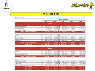2.8- BILANS
BILAN	en	Base	FY
2018 2019 2020 2021 2022
Immobilisations (Brut) 250,000€ 250,000€ 250,000€ 250,000€ 250,000€
Amortissements 35,714€ 71,429€ 107,143€ 142,857€ 178,571€
Immobilisations (Net) 214,286€ 178,571€ 142,857€ 107,143€ 71,429€
TOTAL ACTIFS IMMOBILISES 214,286€ 178,571€ 142,857€ 107,143€ 71,429€
Stocks -€ -€ -€ -€ -€
Créances clients 528,507€ 1,329,368€ 3,018,255€ 6,765,796€ 13,003,907€
Créances TVA 108,872€ 273,850€ 621,760€ 1,393,754€ 2,678,805€
Trésorerie (443,457)€ (805,892)€ (620,554)€ 175,184€ 1,730,988€
TOTAL ACTIFS CIRCULANTS 193,922€ 797,325€ 3,019,461€ 8,334,733€ 17,413,700€
TOTAL ACTIF 408,208€ 975,897€ 3,162,318€ 8,441,876€ 17,485,129€
Capital 992,252€ 1,242,252€ 2,292,252€ 4,592,252€ 9,092,252€
Comptes courants 250,000€ 255,000€ 260,100€ 265,302€ 270,608€
Réserves et Résultats (1,467,113)€ (1,397,916)€ (758,060)€ 933,014€ 4,385,956€
TOTAL CAPITAUX PROPRES (224,861)€ 99,337€ 1,794,292€ 5,790,569€ 13,748,816€
Prêts et avances
Dettes fournisseurs 8,811€ 41,748€ 250,500€ 975,143€ 1,842,038€
Dette TVA 1,815€ 8,600€ 51,603€ 200,880€ 379,460€
Dette fiscales, sociales et diverses 622,443€ 826,211€ 1,065,923€ 1,475,285€ 1,514,814€
TOTAL DETTES 633,069€ 876,560€ 1,368,026€ 2,651,308€ 3,736,312€
TOTAL PASSIF 408,208€ 975,897€ 3,162,318€ 8,441,876€ 17,485,129€
BILAN	-	SHARITIZ
ACTIF
PASSIF
 