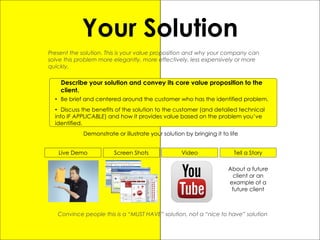 32
Your Solution
Describe your solution and convey its core value proposition to the
client.
• Be brief and centered around the customer who has the identified problem.
• Discuss the benefits of the solution to the customer (and detailed technical
info IF APPLICABLE) and how it provides value based on the problem you’ve
identified.
Present the solution. This is your value proposition and why your company can
solve this problem more elegantly, more effectively, less expensively or more
quickly.
Demonstrate or illustrate your solution by bringing it to life
Convince people this is a “MUST HAVE” solution, not a “nice to have” solution
Live Demo Screen Shots Video Tell a Story
About a future
client or an
example of a
future client
 