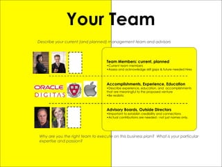 33
Your Team
Describe your current (and planned) management team and advisors
Why are you the right team to execute on this business plan? What is your particular
expertise and passion?
Team Members: current, planned
•Current team members
•Assess and acknowledge skill gaps & future needed hires
Accomplishments, Experience, Education
•Describe experience, education, and accomplishments
that are meaningful to the proposed venture
•Be realistic
Advisory Boards, Outside Directors
•Important to establish credibility and connections
•Actual contributions are needed - not just names only.
 