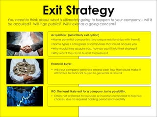 Exit Strategy
Acquisition: (Most likely exit option)
•Name potential companies (any unique relationships with them?)
•Name types / categories of companies that could acquire you
•Why would they acquire you, how do you fit into their strategy?
•Why won’t they try to build it themselves?
You need to think about what is ultimately going to happen to your company – will it
be acquired? Will it go public? Will it exist as a going concern?
Financial Buyer
• Will your company generate excess cash flow that could make it
attractive to financial buyers to generate a return?
IPO: The least likely exit for a company, but a possibility.
• Often not preferred to founders or investors compared to top two
choices, due to required holding period and volatility
 