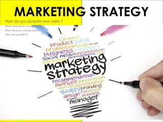 MARKETING STRATEGYHow do you acquire your users ?
What channels do you use ?
What are yours costs per lead ?
What are your KPI’S ?
 