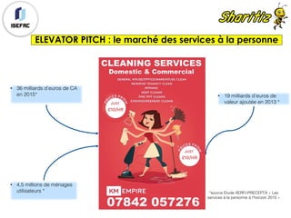 ELEVATOR PITCH : le marché des services à la personne
• 36 milliards d’euros de CA
en 2015* • 19 milliards d’euros de
valeur ajoutée en 2013 *
• 4,5 millions de ménages
utilisateurs * *source Etude XERFI-PRECEPTA « Les
services à la personne à l’horizon 2015 »
 