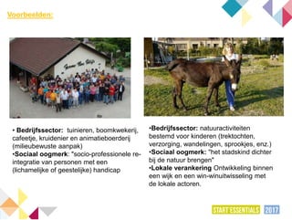 • Bedrijfssector: tuinieren, boomkwekerij,
cafeetje, kruidenier en animatieboerderij
(milieubewuste aanpak)
•Sociaal oogmerk: "socio-professionele re-
integratie van personen met een
(lichamelijke of geestelijke) handicap
•Bedrijfssector: natuuractiviteiten
bestemd voor kinderen (trektochten,
verzorging, wandelingen, sprookjes, enz.)
•Sociaal oogmerk: "het stadskind dichter
bij de natuur brengen"
•Lokale verankering Ontwikkeling binnen
een wijk en een win-winuitwisseling met
de lokale actoren.
Voorbeelden:
 