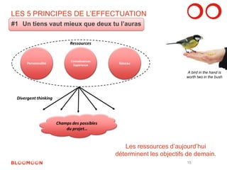 LES 5 PRINCIPES DE L’EFFECTUATION 
#1 Un tiens vaut mieux que deux tu l’auras 
A bird in the hand is 
worth two in the bush 
Les ressources d’aujourd’hui 
déterminent les objectifs de demain. 
15 
 