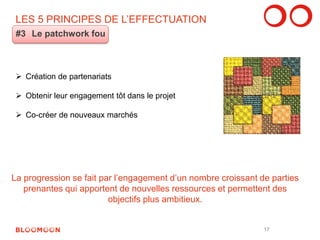LES 5 PRINCIPES DE L’EFFECTUATION 
#3 Le patchwork fou 
 Création de partenariats 
 Obtenir leur engagement tôt dans le projet 
 Co-créer de nouveaux marchés 
La progression se fait par l’engagement d’un nombre croissant de parties 
prenantes qui apportent de nouvelles ressources et permettent des 
objectifs plus ambitieux. 
17 
 