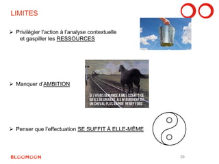  Privilégier l’action à l’analyse contextuelle 
et gaspiller les RESSOURCES 
LIMITES 
29 
 Manquer d’AMBITION 
 Penser que l’effectuation SE SUFFIT À ELLE-MÊME 
 