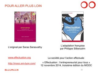 POUR ALLER PLUS LOIN 
www.effectuation.org 
http://mooc.em-lyon.com/ 
L’original par Saras Sarasvathy 
L’adaptation française 
par Philippe Silberzahn 
« Effectuation : l’entrepreneuriat pour tous » 
12 novembre 2014, troisième édition du MOOC 
La société pour l’action effectuale 
33 
