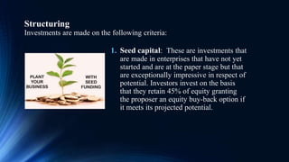 Structuring
Investments are made on the following criteria:
1. Seed capital: These are investments that
are made in enterprises that have not yet
started and are at the paper stage but that
are exceptionally impressive in respect of
potential. Investors invest on the basis
that they retain 45% of equity granting
the proposer an equity buy-back option if
it meets its projected potential.
 