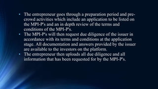 • The entrepreneur goes through a preparation period and pre-
crowd activities which include an application to be listed on
the MPI-P's and an in depth review of the terms and
conditions of the MPI-P's.
• The MPI-P's will then request due diligence of the issuer in
accordance with its terms and conditions at the application
stage. All documentation and answers provided by the issuer
are available to the investors on the platform.
• The entrepreneur then uploads all due diligence and all
information that has been requested for by the MPI-P's.
 