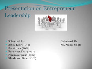 Presentation on Entrepreneur
Leadership



   Submitted By:            Submitted To:
   Babbu Kaur (1074)        Ms. Manju Singla
   Beant Kaur (1028)
   Karanveer Kaur (1027)
   Paramveer Kaur (1062)
   Khushpreet Kaur (1026)
 