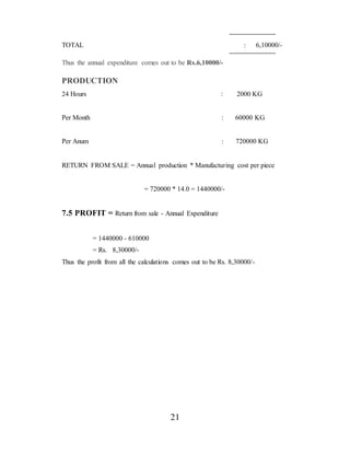 21
TOTAL : 6,10000/-
Thus the annual expenditure comes out to be Rs.6,10000/-
PRODUCTION
24 Hours : 2000 KG
Per Month : 60000 KG
Per Anum : 720000 KG
RETURN FROM SALE = Annual production * Manufacturing cost per piece
= 720000 * 14.0 = 1440000/-
7.5 PROFIT = Return from sale - Annual Expenditure
= 1440000 - 610000
= Rs. 8,30000/-
Thus the profit from all the calculations comes out to be Rs. 8,30000/-
 