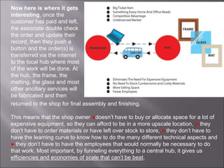 Now here is where it gets
interesting, once the
customer has paid and left,
the associate double check
the order and update their
record, then they push a
button and the order(s) is
transferred via the internet
to the local hub where most
of the work will be done. At
the hub, the frame, the
matting, the glass and most
other ancillary services will
be fabricated and then
returned to the shop for final assembly and finishing.
This means that the shop owner ●doesn’t have to buy or allocate space for a lot of
expensive equipment, so they can afford to be in a more upscale location, ● they
don’t have to order materials or have left over stock to store, ● they don’t have to
have the learning curve to know how to do the many different technical aspects and
● they don’t have to have the employees that would normally be necessary to do
that work. Most important, by funneling everything to a central hub, it gives us
efficiencies and economies of scale that can’t be beat.
 
