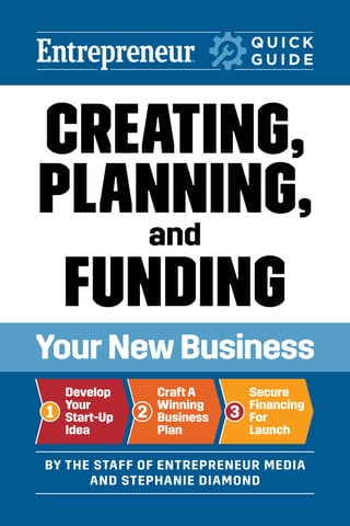 CREATING,
PLANNING,
and
FUNDING
Your New Business
BY THE STAFF OF ENTREPRENEUR MEDIA
AND STEPHANIE DIAMOND
Q U I C K
G U I D E
Develop
Your
Start-Up
Idea
Craft A
Winning
Business
Plan
Secure
Financing
For
Launch
1 2 3
entrepreneur.com/books
$23.99 US
Small Business /
Entrepreneurship
Cover design by
Andrew Welyczko
ISBN-13: 978-1-64201-172-2
CREATING,
PLANNING,
and
FUNDING
Your
New
Business
Venturing into the world of entrepreneurship is an exhilarating leap into the
unknown. With 20% of businesses failing within their first two years, the
ability to navigate these uncharted waters from the outset is crucial to success.
In this guide, you’ll find a trusted co-pilot—a meticulously crafted, hands-on
roadmap to navigate the critical early stages of creating, planning, funding,
and launching your business. From determining your readiness with idea
assessments to addressing pivotal funding decisions and crafting a compelling
business plan, this comprehensive blueprint equips you with the knowledge
you need to thrive.
Discover how to:
 Choose Your Business Plan: Embrace solopreneurship, acquire
an existing venture, or explore the world of franchising.
 Navigate Legalities: Expertly manage taxation complexities and
legal compliance.
 Master Market Research: Unearth your niche audience, target
market, and outshine competitors through your strategic insights.
 Secure your Investment: Explore equity, angel investors, and the
pros and cons of loans.
 Craft your Professional Identity: Establish a formidable brand
presence and image.
Elevate Your Entrepreneurial Game and
Launch Your Business with Confidence
Stephanie Diamond, Founder of DIgital Media Works, Inc., brings over 20 years of
experience in management and marketing. As former Marketing Director at AOL, she
played a pivotal role in surging their 1 million subscribers to a staggering 36 million. She’s
also the author of “Content Marketing Strategies for Dummies” and more than 25 other
books.
Entrepreneur Media is where small business goes big. For more than fifty years, millions
of entrepreneurs and business owners have trusted us to guide them from startup to
retirement and everything in between. Entrepreneur provides exclusive opportunities,
acclaimed content, and innovative ways to push small business and entrepreneurship
forward.
 