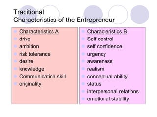 Traditional
Characteristics of the Entrepreneur
 Characteristics A
 drive
 ambition
 risk tolerance
 desire
 knowled...