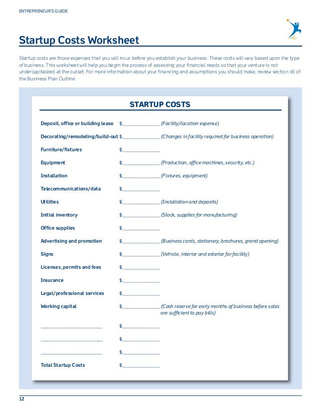business start up costs worksheet