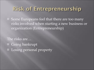 Some Europeans feel that there are too many risks involved when starting a new business or organization (Entrepreneurship)  The risks are… Going bankrupt  Losing personal property  