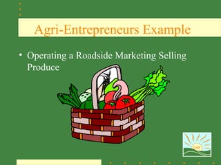 Agri-Entrepreneurs Example
• Operating a Roadside Marketing Selling
  Produce




                                           SAE
 