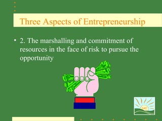 Three Aspects of Entrepreneurship

• 2. The marshalling and commitment of
  resources in the face of risk to pursue the
  opportunity




                                                SAE
 