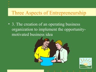 Three Aspects of Entrepreneurship

• 3. The creation of an operating business
  organization to implement the opportunity-
  motivated business idea




                                          SAE
 