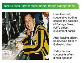 Nick Leeson, former stock market trader, Barings Bank

                                     Unauthorized,
                                     speculative trading
                                     caused the collapse
                                     of Barings Bank,
                                     (UK‟s oldest
                                     investment bank)

                                     After leaving prison,
                                     he became CEO of
                                     Galway United

                                     Today he is a
                                     successful after-
                                     dinner speaker
 