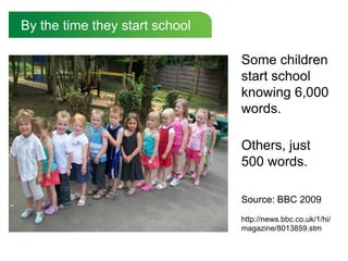 By the time they start school

                                Some children
                                start school
                                knowing 6,000
                                words.

                                Others, just
                                500 words.

                                Source: BBC 2009
                                http://news.bbc.co.uk/1/hi/
                                magazine/8013859.stm
 