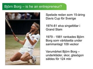 Björn Borg – is he an entrepreneur?

                         Spelade redan som 15-åring
                         Davis Cup för Sverige

                         1974-81 elva singeltitlar i
                         Grand Slam

                         1979 - 1981 rankades Björn
                         Borg som världsetta under
                         sammanlagt 109 veckor

                         Varumärket Björn Borg –
                         underkläder, skor, glasögon
                         såldes för 124 mkr
 