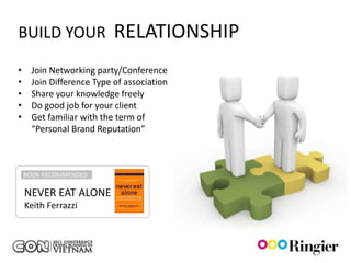 BUILD YOUR                RELATIONSHIP
•    Join Networking party/Conference
•    Join Difference Type of association
•    Share your knowledge freely
•    Do good job for your client
•    Get familiar with the term of
     “Personal Brand Reputation”



    BOOK RECOMMENDED

    NEVER EAT ALONE
    Keith Ferrazzi
 