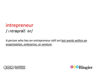 intrepreneur
          ɜ
/ɪntrəprəˈnr/

A person who has an entrepreneur skill set but works within an
organization, enterprise, or venture.
 