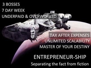 3 BOSSES 7 DAY WEEK UNDERPAID & OVERWORKED TAX AFTER EXPENSES UNLIMITED SCALABILITY MASTER OF YOUR DESTINY ENTREPRENEUR-SHIP Separating the fact from fiction 