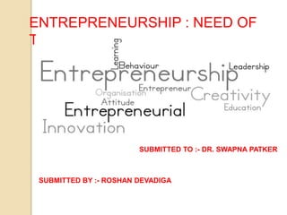 ENTREPRENEURSHIP : NEED OF
TODAY
SUBMITTED TO :- DR. SWAPNA PATKER
SUBMITTED BY :- ROSHAN DEVADIGA
 