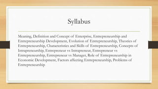 Syllabus
Meaning, Definition and Concept of Enterprise, Entrepreneurship and
Entrepreneurship Development, Evolution of Entrepreneurship, Theories of
Entrepreneurship, Characteristics and Skills of Entrepreneurship, Concepts of
Intrapreneurship, Entrepreneur vs Intrapreneur, Entrepreneur vs
Entrepreneurship, Entrepreneur vs Manager, Role of Entrepreneurship in
Economic Development, Factors affecting Entrepreneurship, Problems of
Entrepreneurship
 