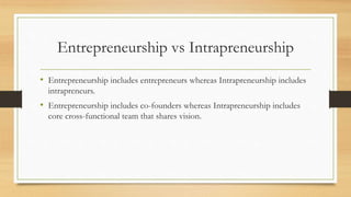 Entrepreneurship vs Intrapreneurship
• Entrepreneurship includes entrepreneurs whereas Intrapreneurship includes
intrapreneurs.
• Entrepreneurship includes co-founders whereas Intrapreneurship includes
core cross-functional team that shares vision.
 