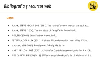 Libros
● BLANK, STEVE y DORF, BOB (2011): The start-up´s owner manual. Autoeditado.
● BLANK, STEVE (2006): The four steps of the epifanie. Autoeditado.
● RIES, ERIC (2011): Lean Start-up. Autoeditado.
● OSTERWALDER, ALEX (2011): Business Model Generation. John Wiley & Sons.
● MAURYA, ASH (2011): Runnig Lean. O’Reilly Media Inc.
● MARTÍ PELLÓN, JOSÉ (2013): Actividad de Capital Riesgo en España 2013. ASCRI.
● WEB CAPITAL RIESGO (2013): El Venture capital en España 2012. Webcaprisk S.L.
Bibliografía y recursos web
 