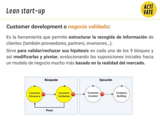 Customer development o negocio validado:
Es la herramienta que permite estructurar la recogida de información de
clientes (también proveedores, partners, inversores…).
Sirve para validar/rechazar sus hipótesis en cada uno de los 9 bloques y
así modificarlas y pivotar, evolucionando las suposiciones iniciales hacia
un modelo de negocio mucho más basado en la realidad del mercado.
Lean start-up
 