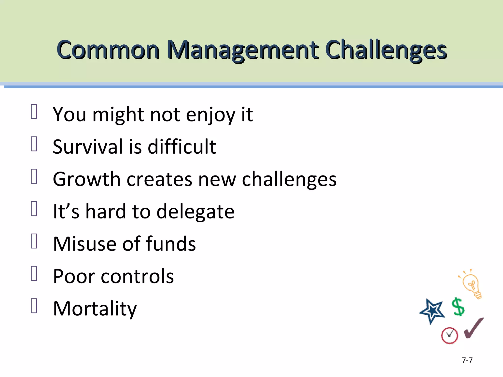 Common Management ChallengesCommon Management Challenges
You might not enjoy it
Survival is difficult
Growth creates new challenges
It’s hard to delegate
Misuse of funds
Poor controls
Mortality
7-7