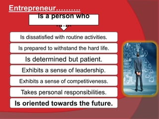 Entrepreneur……….
Is a person who
…….
Is dissatisfied with routine activities.
Is prepared to withstand the hard life.
Is determined but patient.
Exhibits a sense of leadership.
Exhibits a sense of competitiveness.
Takes personal responsibilities.
Is oriented towards the future.
 